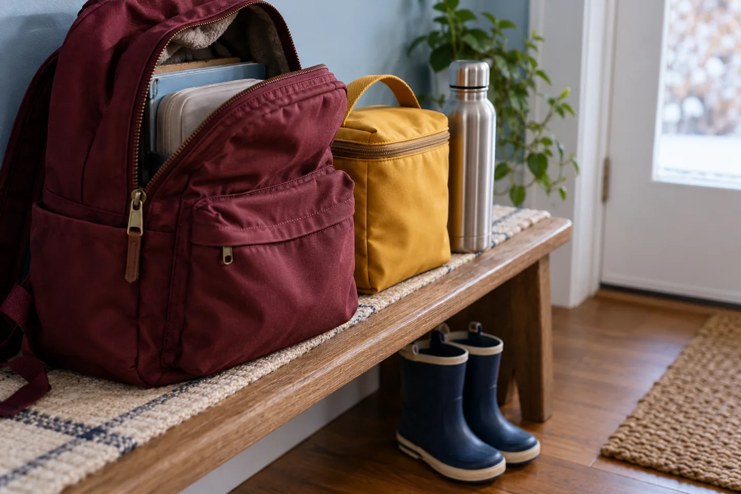 A packed backpack, lunch bag, water bottle, and rain boots ready for a school morning; no people.