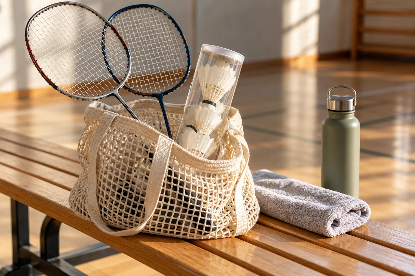 Badminton rackets, shuttlecocks, a towel, and a water bottle on a gym bench, with no people.