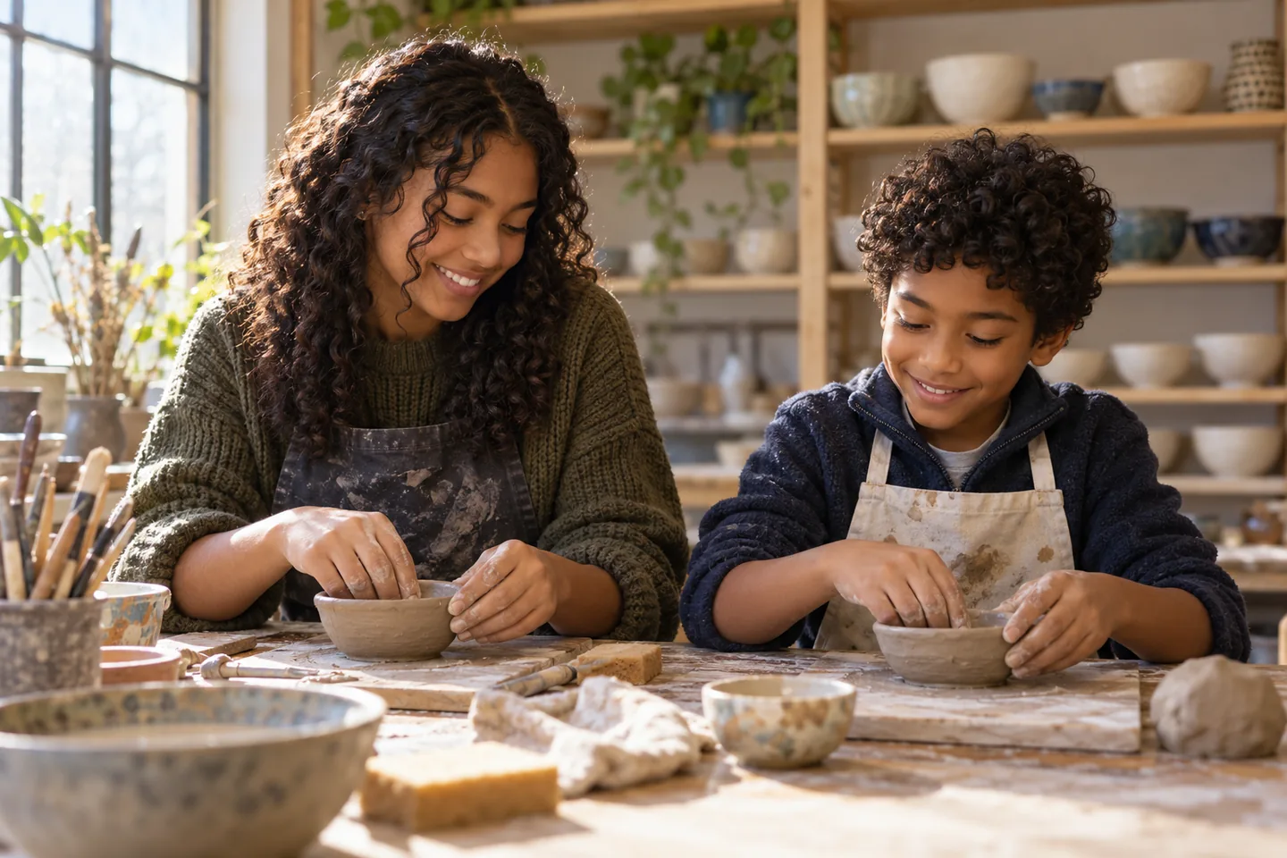 Two young siblings shape clay bowls together at a pottery studio, sharing a moment of sibling connection.