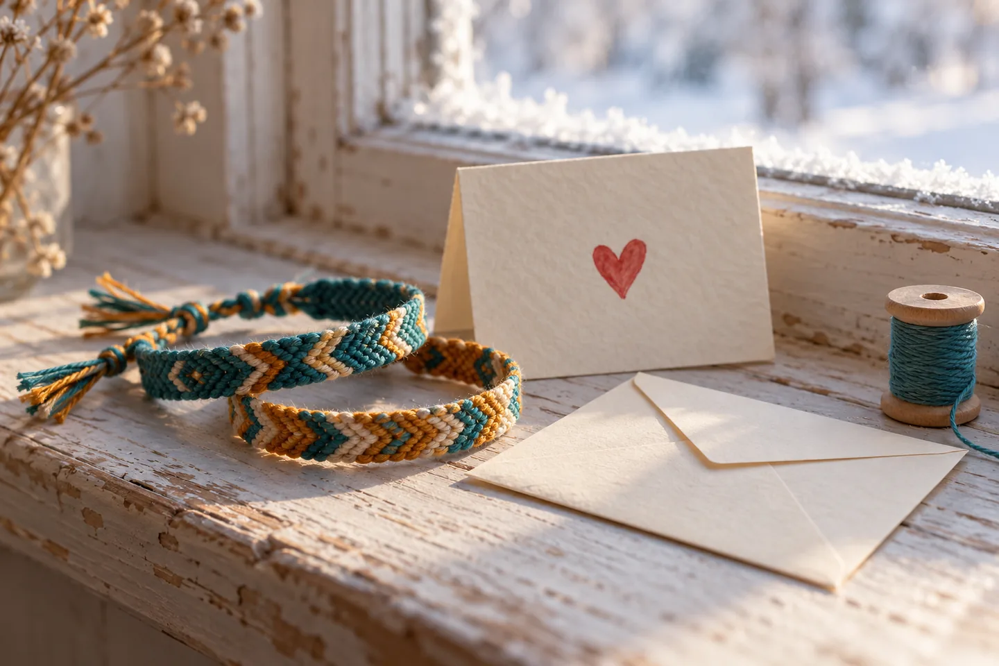 Two woven bracelets, a heart card, and an envelope on a windowsill, with no people.