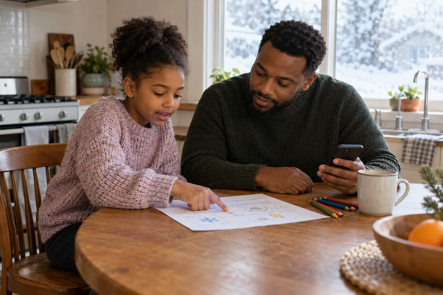 A father and daughter make a backup plan for school snow closures at their kitchen table.