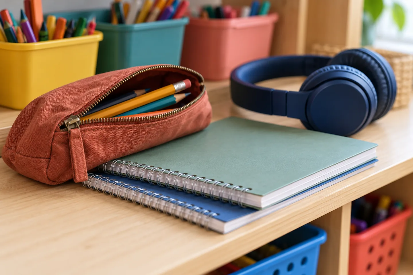 A pencil pouch, notebooks, and headphones on a school-supply shelf, with no people.