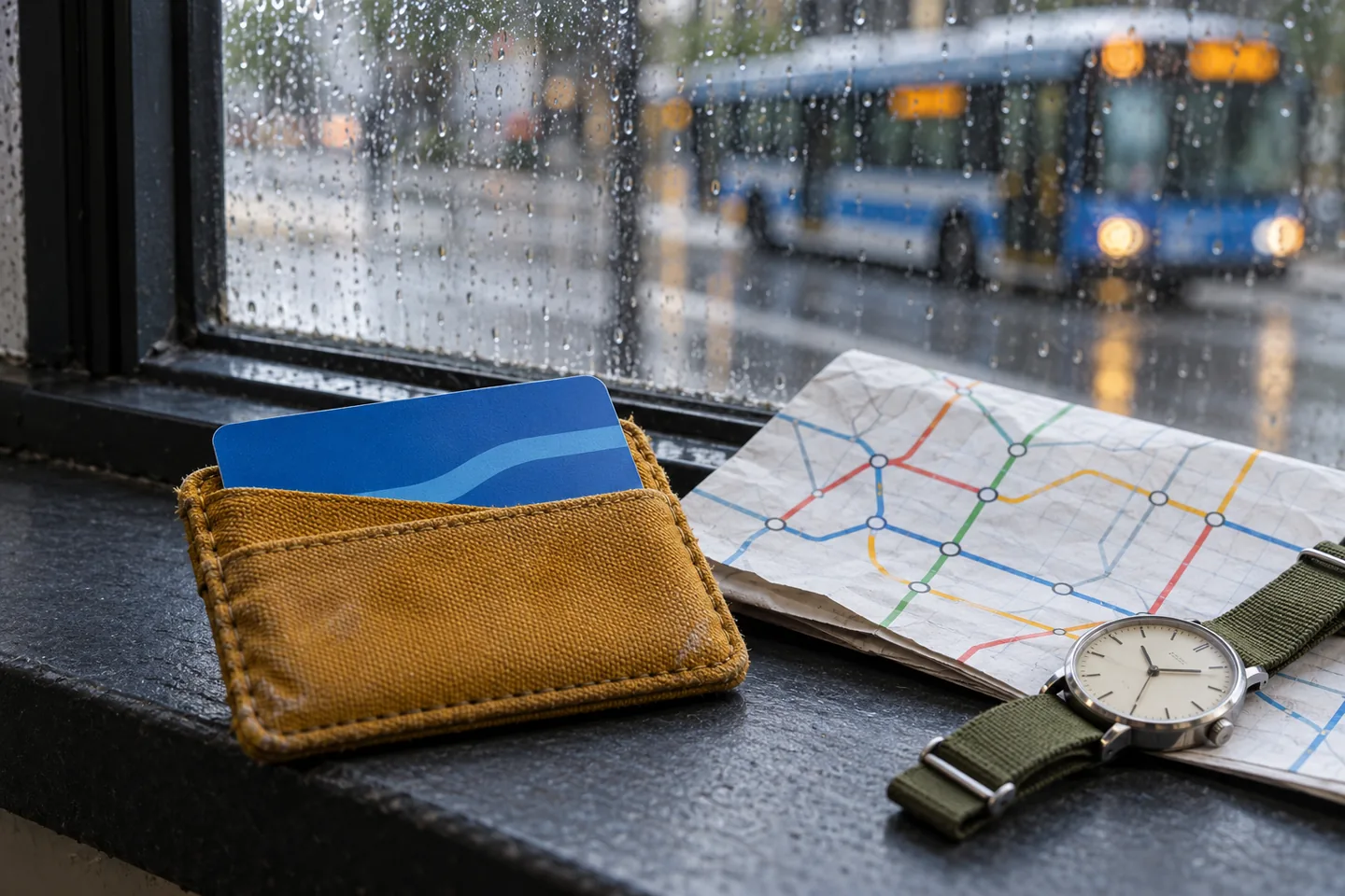 A transit card, folded route map, and wristwatch beside a rainy window, with no people.