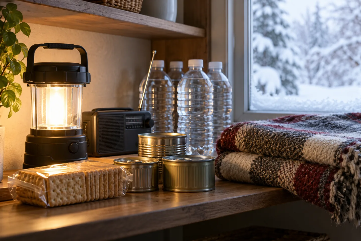 Water, shelf-stable food, a battery lantern, a radio, and blankets on a shelf; no people.