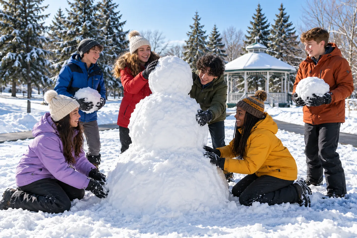 Six happy young people build a snow sculpture in a public park after a winter storm.