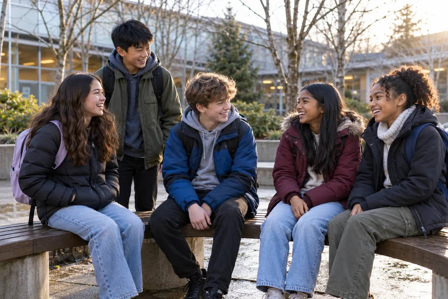 Five smiling young people in winter coats talk together on a school courtyard bench.