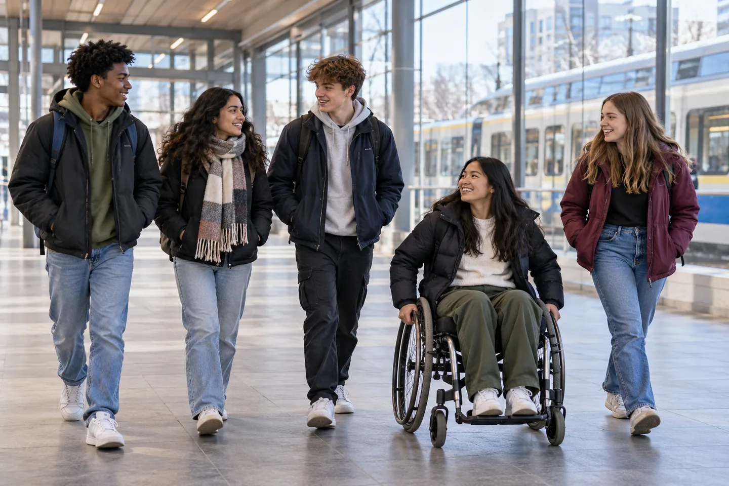 Five smiling young people, including a wheelchair user, travel together through a public transit station.