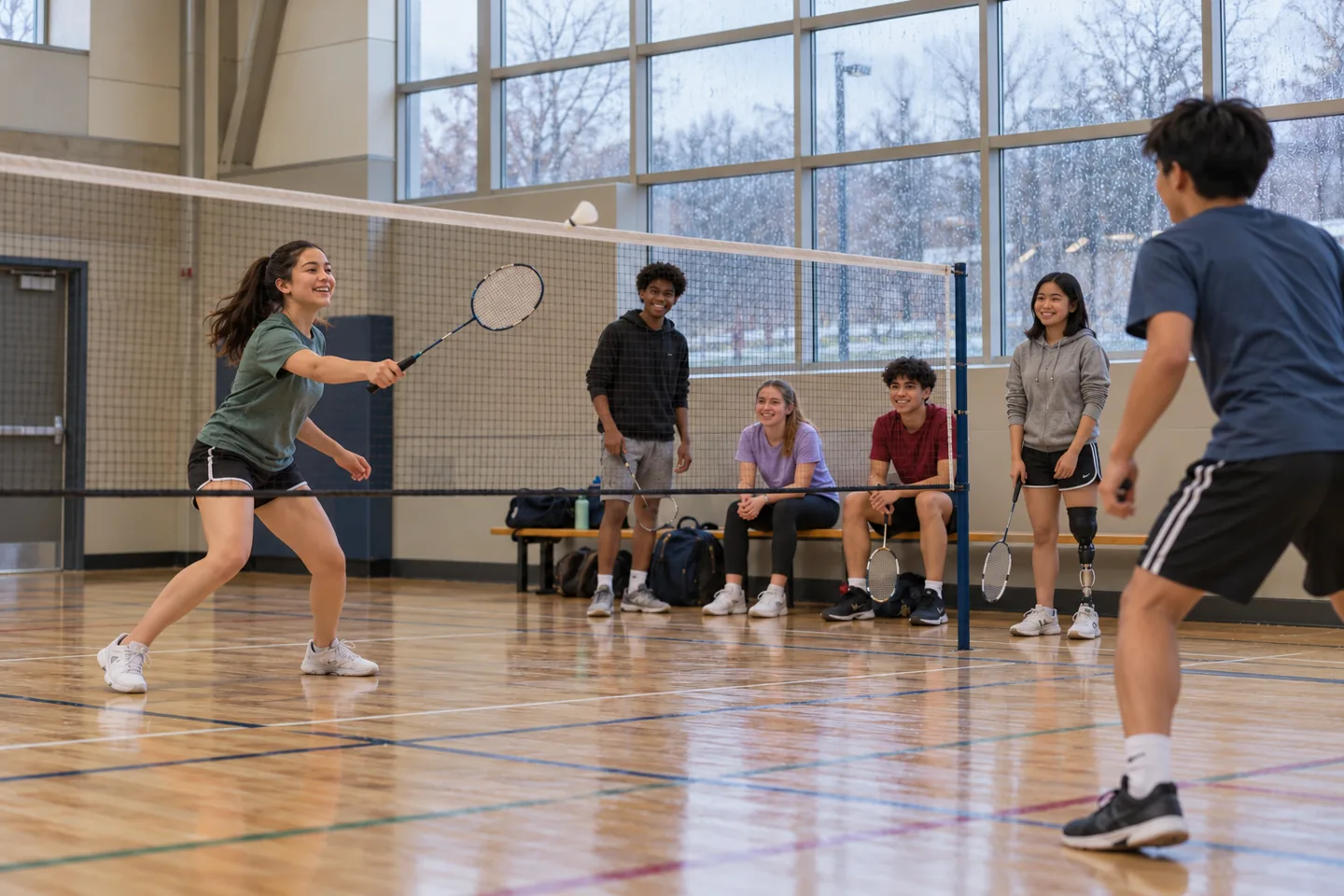 Six happy young people share a badminton game in a public recreation gym.