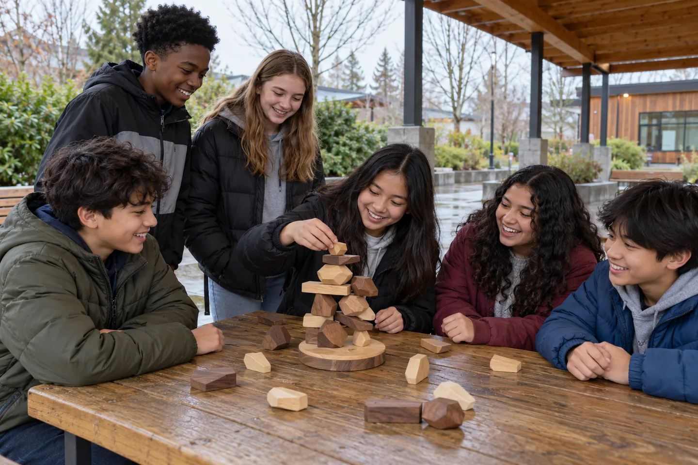 Six happy young people play a wooden balancing game in a covered outdoor community center courtyard.