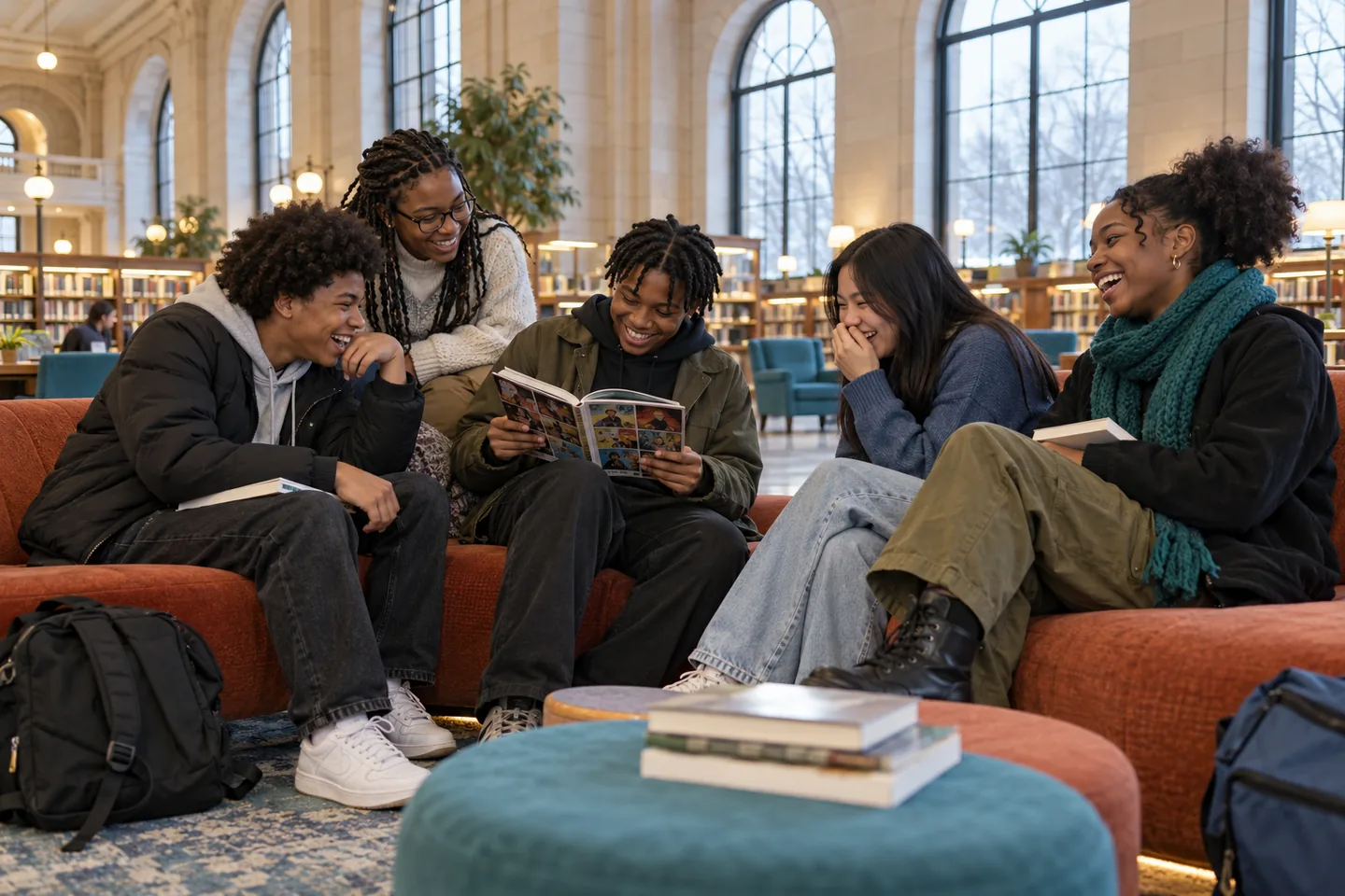 Five happy young friends laugh together over a graphic novel in a public library.