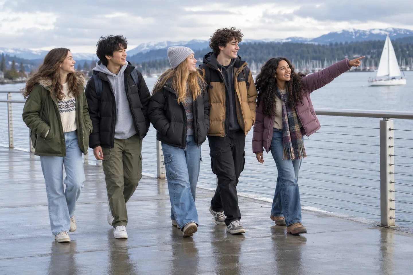 Five happy young people in winter coats walk together along a public waterfront.