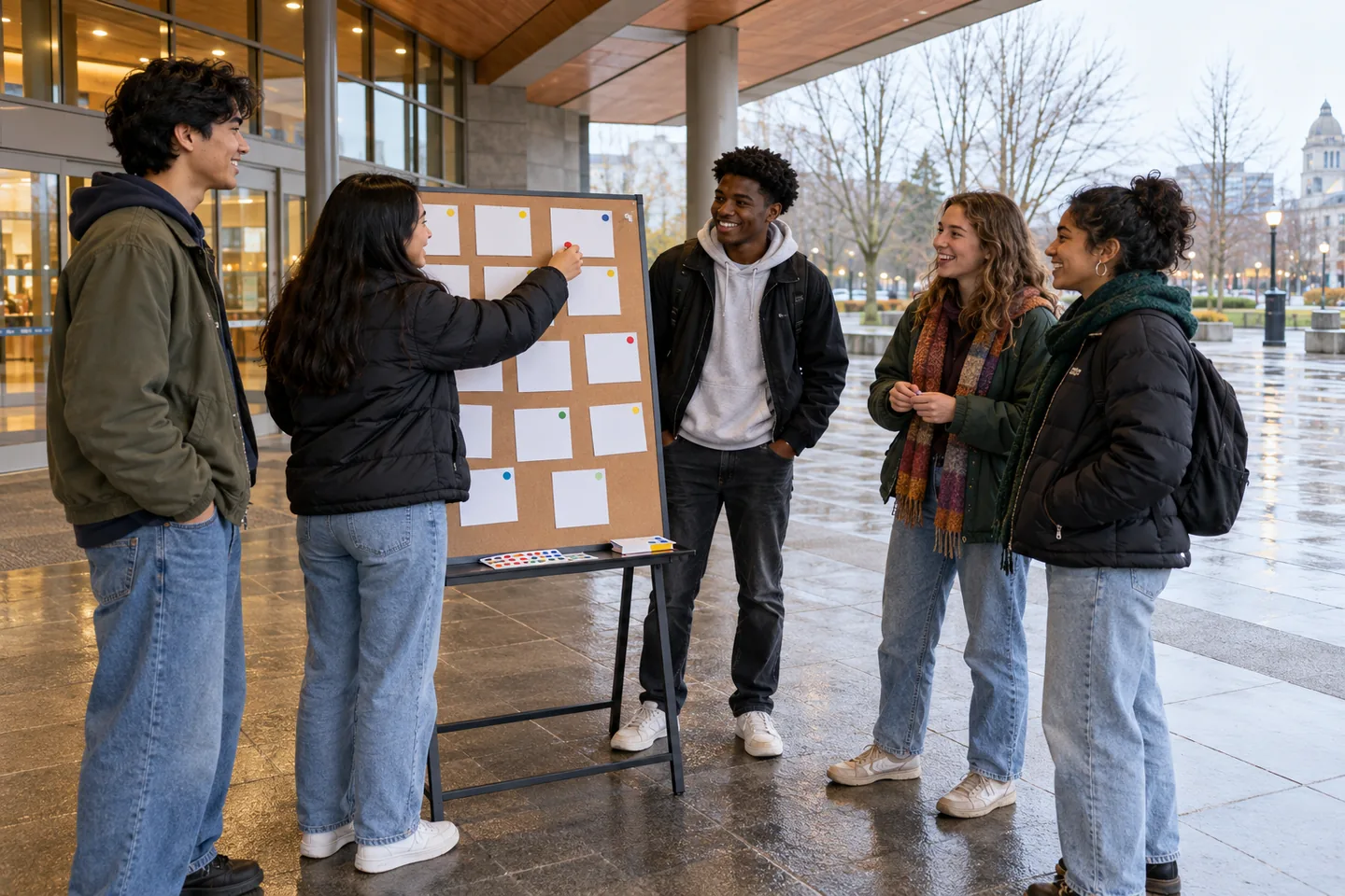 Five smiling young people use an idea board outside a public civic center.
