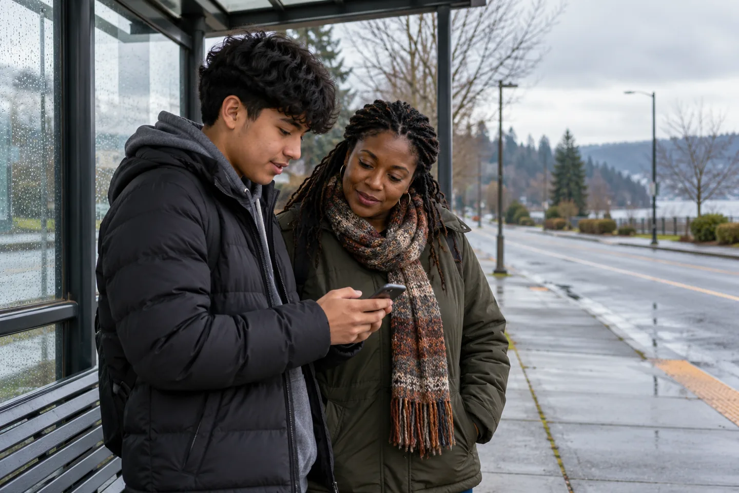 A teen and caregiver check a route at a covered bus stop, planning youth transportation together.